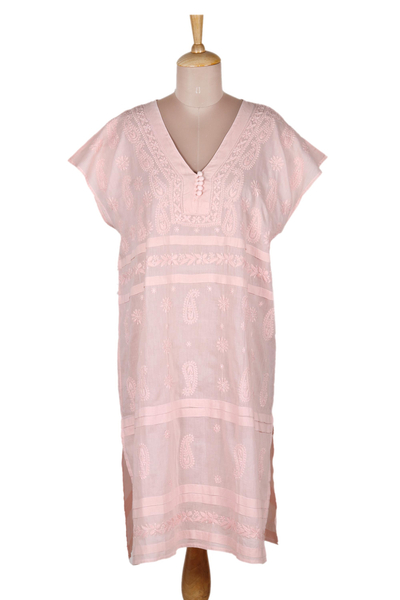 Embroidered Pink Cotton Shift Dress from India