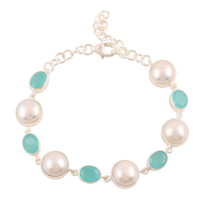 Cultured Pearl and Blue Chalcedony Link Bracelet from India