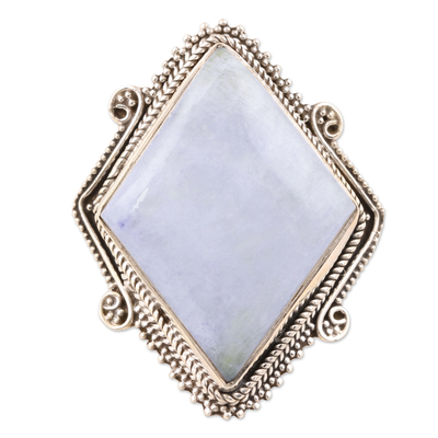 Diamond-Shaped Rainbow Moonstone Cocktail Ring from India