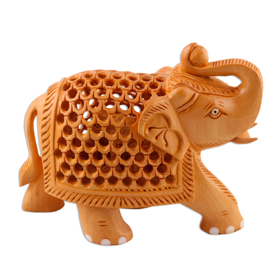 Jali Style Wood Elephant Sculpture