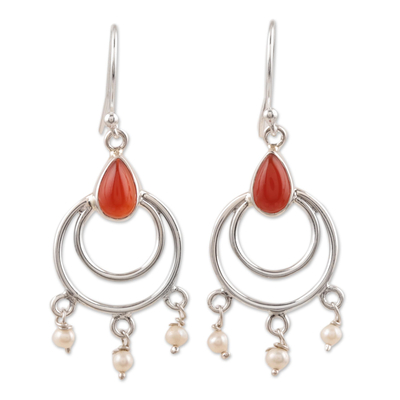 Sterling Silver, Carnelian and Cultured Pearl Dangle Earring