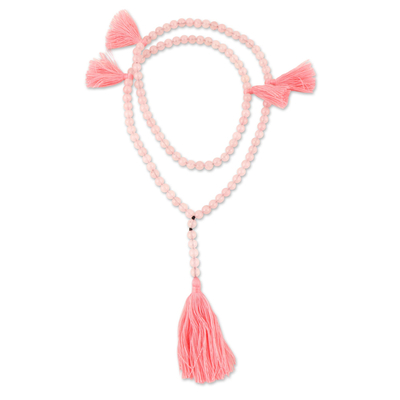 Rose Quartz Long Y-Necklace with 5 Tassels