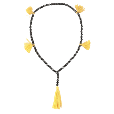 Hematite Long Y-Necklace with 5 Yellow Tassels