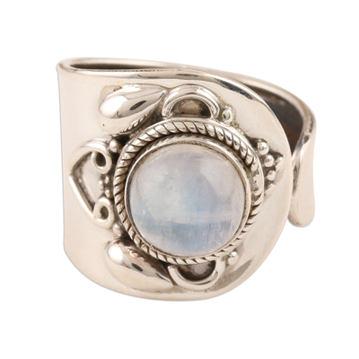 Wide Sterling Silver Cocktail Ring with Rainbow Moonstone