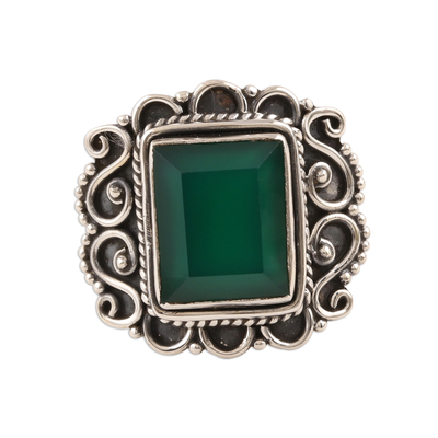 Ornate Green Onyx and Sterling Silver Cocktail Ring