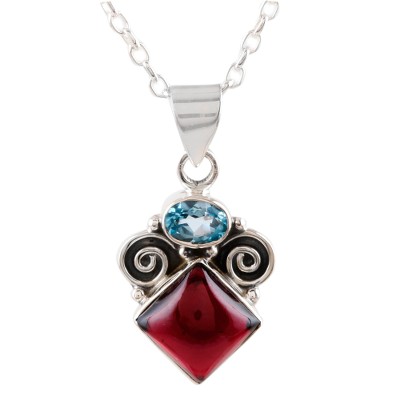 Artisan Crafted Garnet and Blue Topaz Pendant Necklace