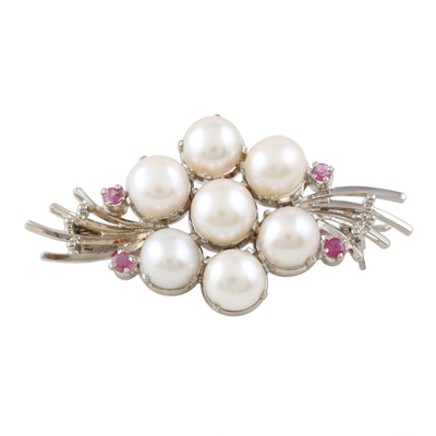 Feminine Cultured Pearl and Ruby Brooch Pin