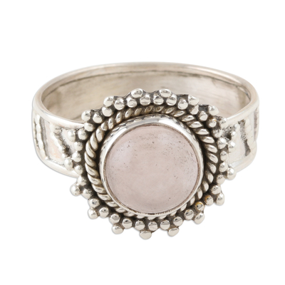 Flower Motif Rose Quartz Oxidized Sterling Silver Ring
