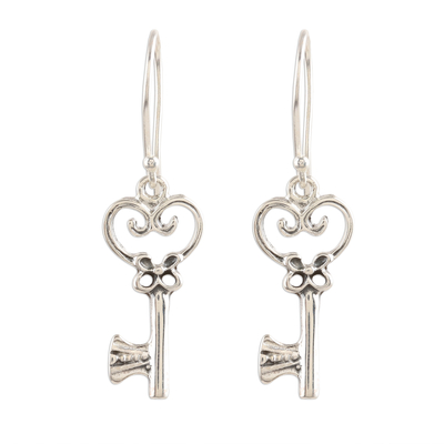 Romantic Heart Key Sterling Silver Earrings