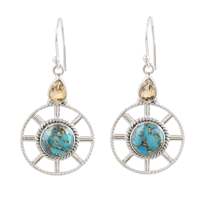 Wheel-Shaped Citrine and Composite Turquoise Earrings