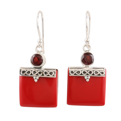 Red Calcite and Garnet Silver Dangle Earrings