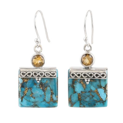 Composite Turquoise and Citrine Silver Dangle Earrings
