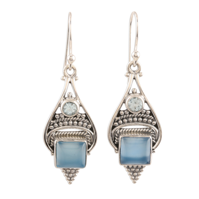 Chalcedony Cabochon and Sterling Silver Dangle Earrings