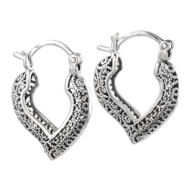 Artisan Crafted Silver Filigree Heart Hoop Earrings