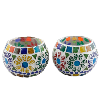 Pair of Colorful Round Mosaic Tealight Candleholders