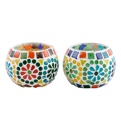 Cheerful Multicolored Glass Mosaic Tealight Holders (Pair)