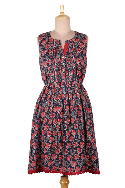 Blue and Red Print A-Line Cotton Dress