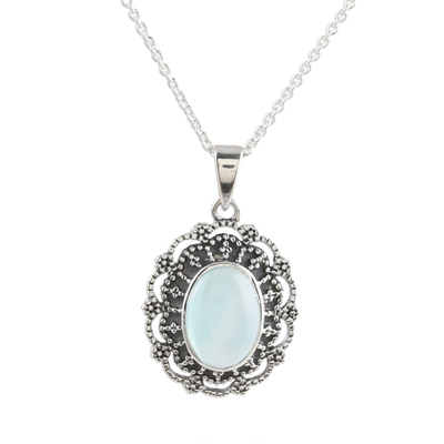 Aqua Chalcedony Cabochon Sterling Silver Pendant Necklace