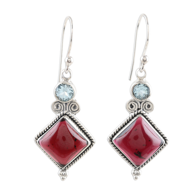 Garnet and Blue Topaz Dangle Earrings