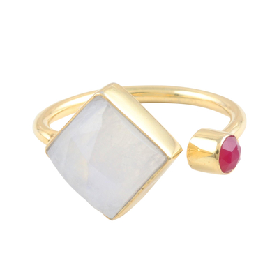 Rainbow Moonstone and Pink Chalcedony Cocktail Wrap Ring