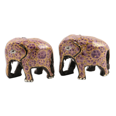Purple and Gold Floral Papier Mache Elephants (Pair)
