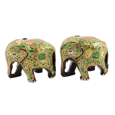 Green Floral Papier Mache Elephant Figurines (Pair)