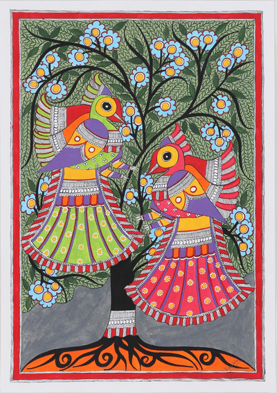 Madhubani Style Painting of Birds in Tree