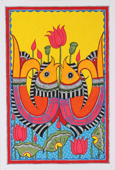 Colorful Madhubani Painting with Fish Motif