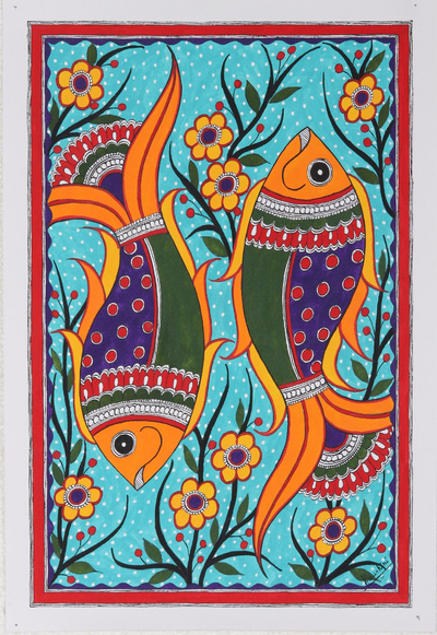Acrylic on Paper Madhubani Painting of Fish
