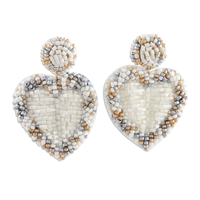 White Beaded Heart Dangle Earrings