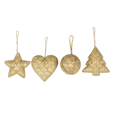 Embellished Gold Satin Christmas Ornaments (Set of 4)