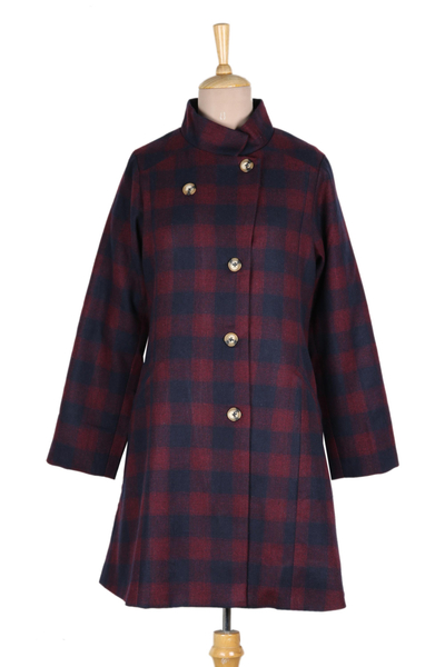 Wine and Navy Check Wool Blend Car Coat