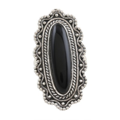 Ornate Black Onyx Cabochon Sterling Silver Cocktail Ring