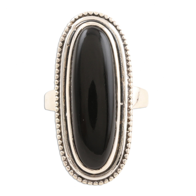 Oval Black Onyx Cabochon Sterling Silver Cocktail Ring