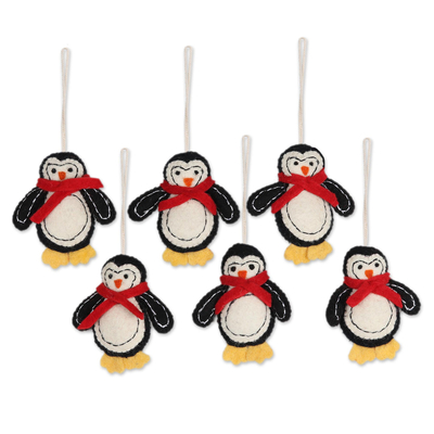 Set of 6 Wool Felt Penguin Ornaments