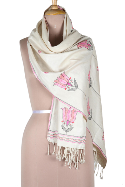 Hand Painted Lotus-Themed Silk Scarf from India