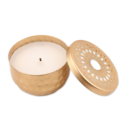 Gold Finish Tealight Candle and Holder with Jali Cutouts
