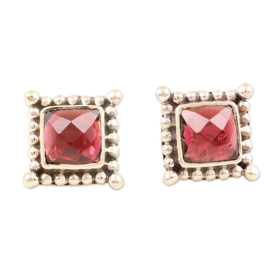 Checkerboard Faceted Garnet Sterling Silver Stud Earrings