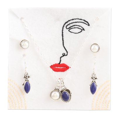 Handmade Cultured Pearl and Lapis Lazuli Jewelry Set