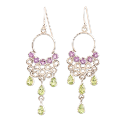 Hand Made Peridot and Amethyst Dangle Earrings