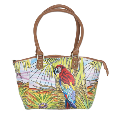 Hand Painted Parrot-Themed Leather Shoulder Bag