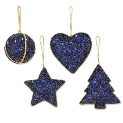 Blue Satin Beaded Christmas Ornaments (Set of 4)