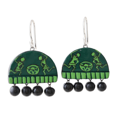 Hand Crafted Green Ceramic Dangle Earrings from India