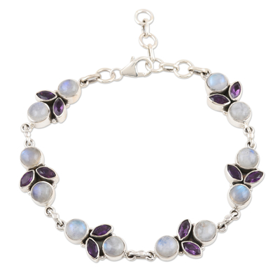 Rainbow Moonstone and Amethyst Sterling Silver Link Bracelet