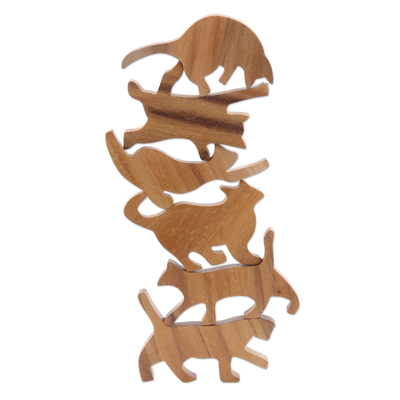 Hand Carved Teak Wood Cat-Themed Stacking Game (6 Pieces)