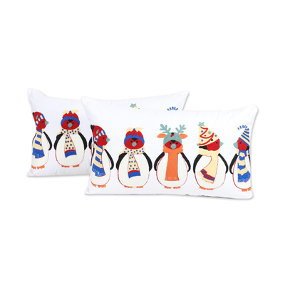 Embroidered Cotton Penguin Cushion Covers from India (Pair)