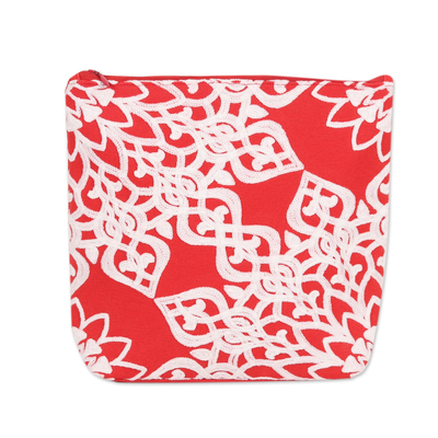 Red Embroidered Cotton Cosmetic Bag from India