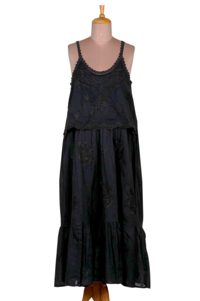 Hand Embroidered Black Cotton Sundress from India