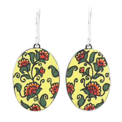 Oven Fired Ceramic Floral Dangle Earrings from India