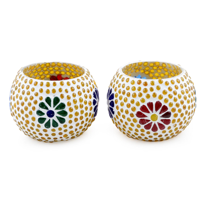 Floral Glass Mosaic Tealight Holders (Pair)
